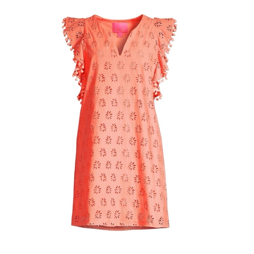 Lilly Pulitzer Astara Eyelet Shift Dress Peach Palm Tree Eyelet Pom Pom Trim M - Picture 3 of 7